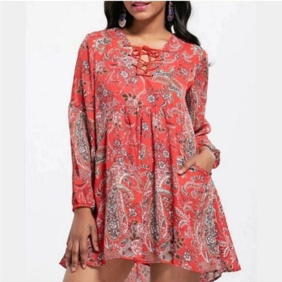Free People Mini Dress Rain Or Shine Red Paisley Tunic Boho Flowy Lace Up V Neck - Picture 1 of 10